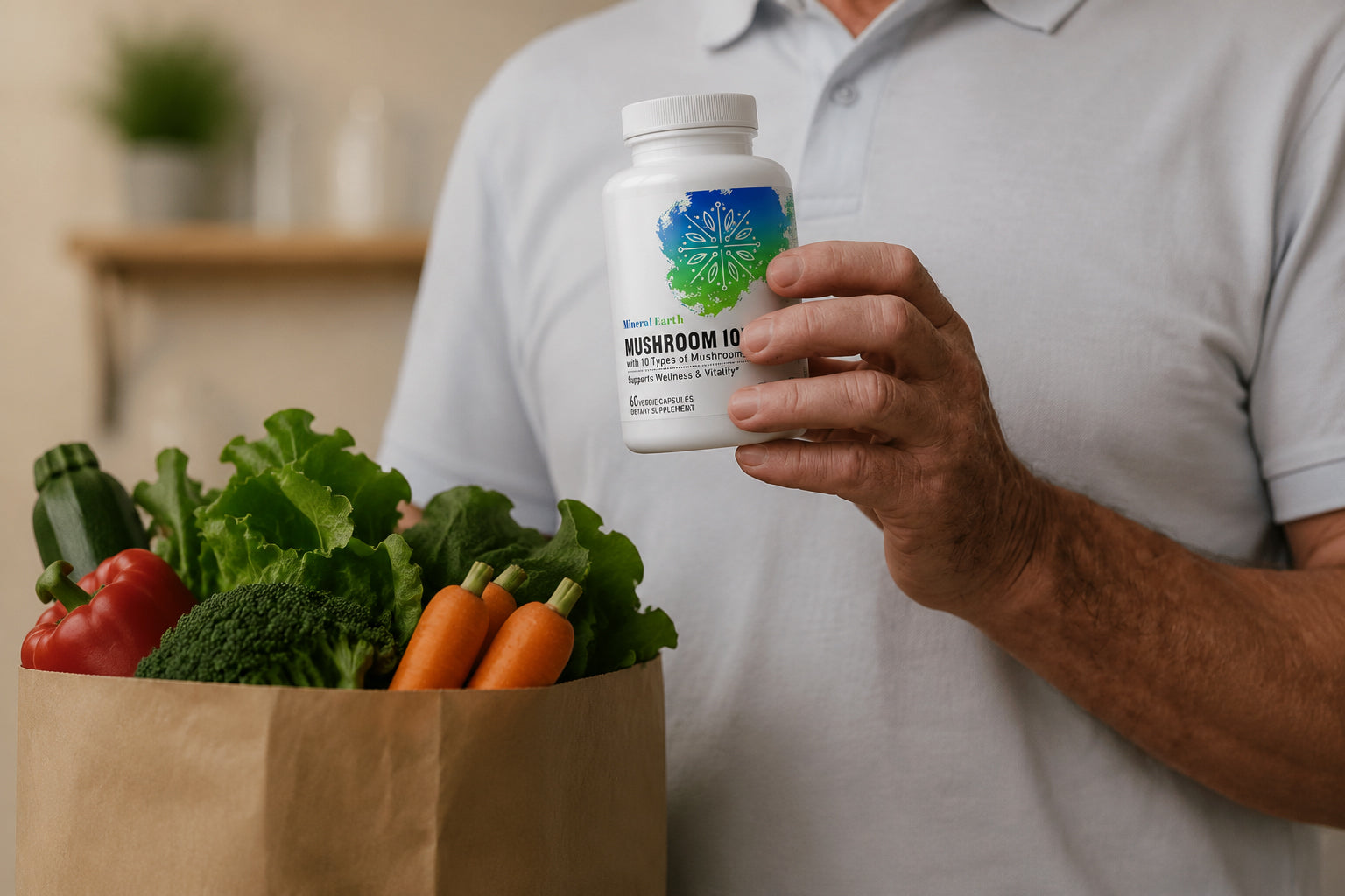 Elderly hands holding a Mineral Earth Mushroom 10X bottle beside a paper bag of fresh vegetables in a home kitchen