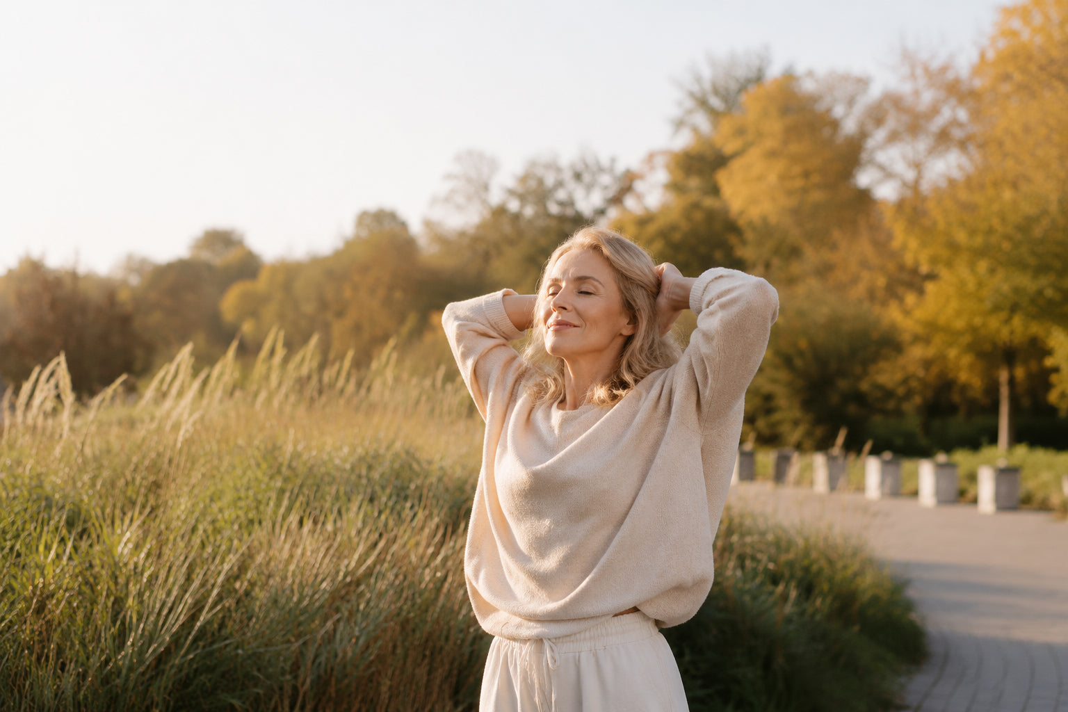 Mature woman relaxing outdoors at golden hour, eyes closed and smiling in a beige sweater, with autumn park and tall grasses behind her