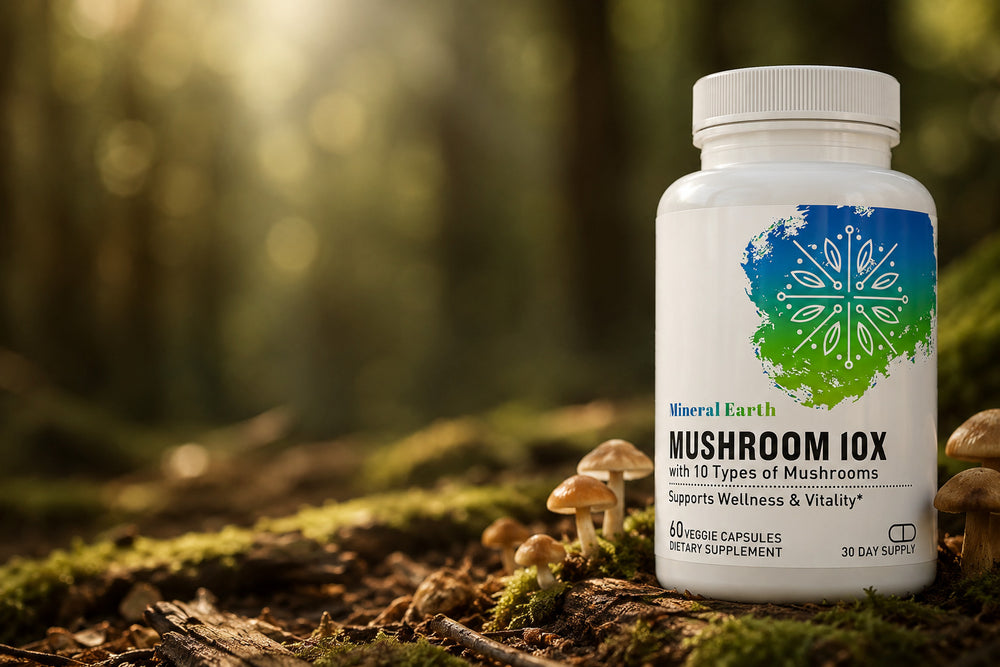 Mineral Earth Mushroom 10X — 60 veggie capsules supplement bottle surrounded by wild mushrooms in a sunlit forest