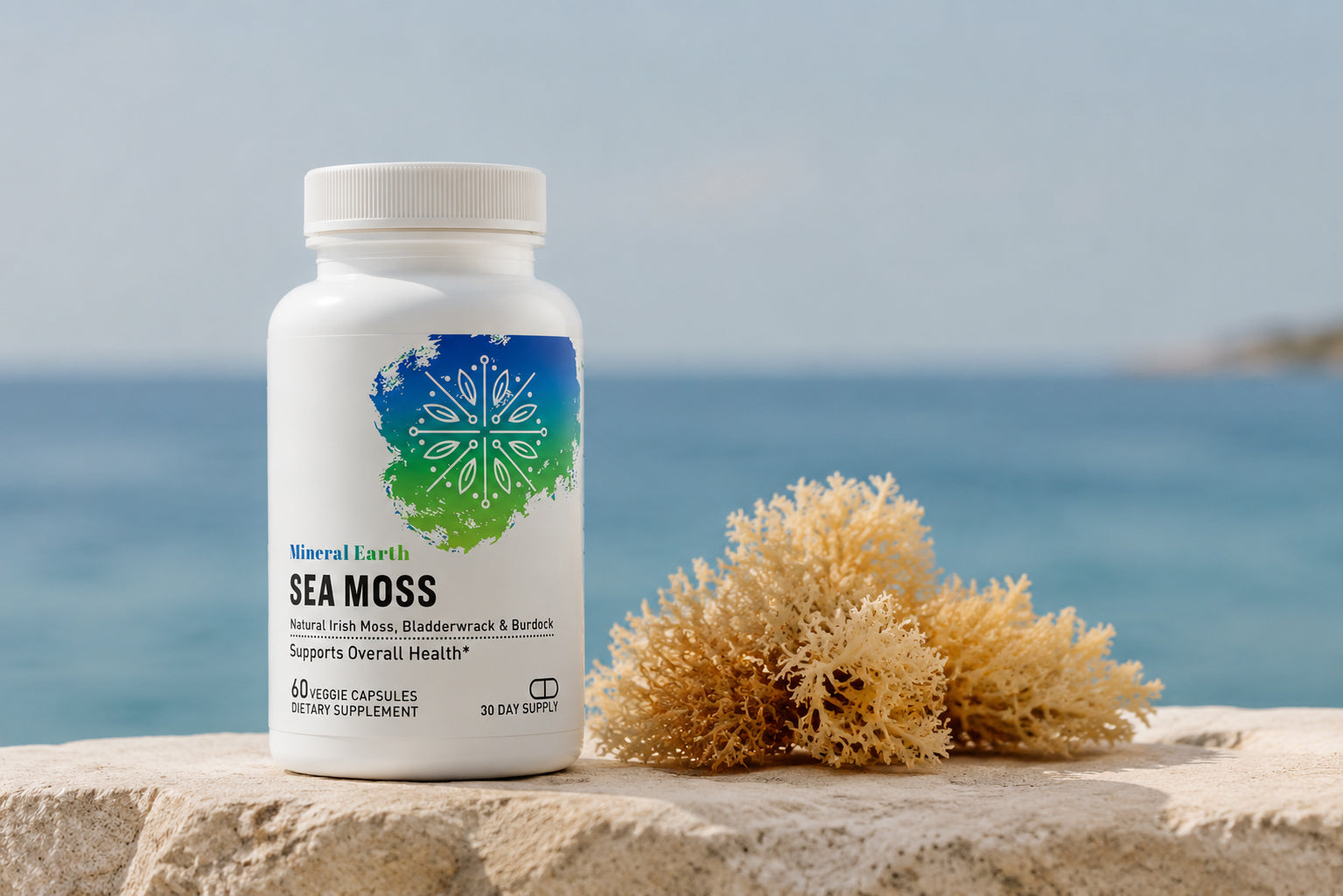 Mineral Earth Sea Moss supplement bottle on a stone ledge beside dried Irish moss, with a calm blurred ocean behind