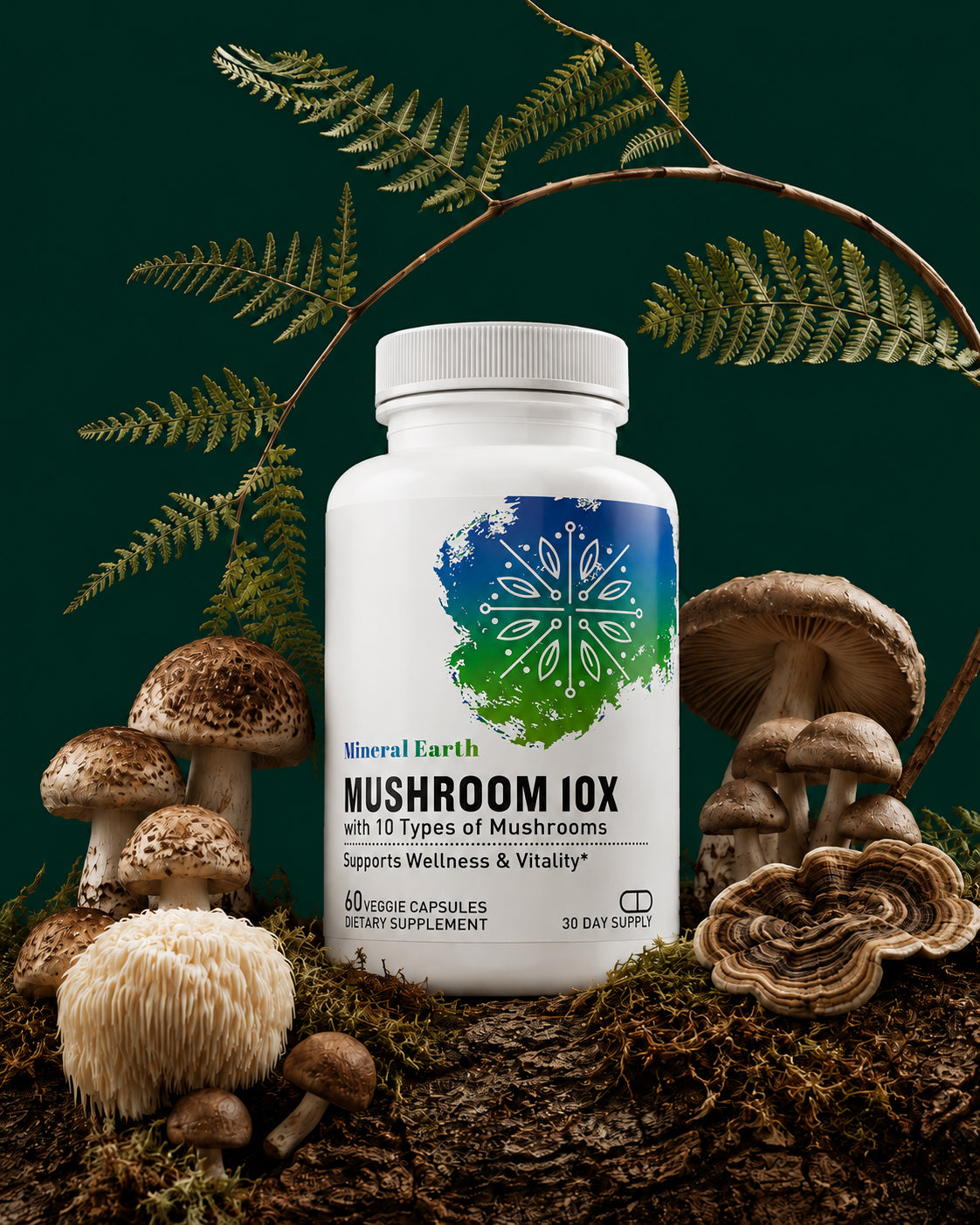 Mineral Earth Mushroom 10X supplement bottle surrounded by fresh mushrooms and ferns