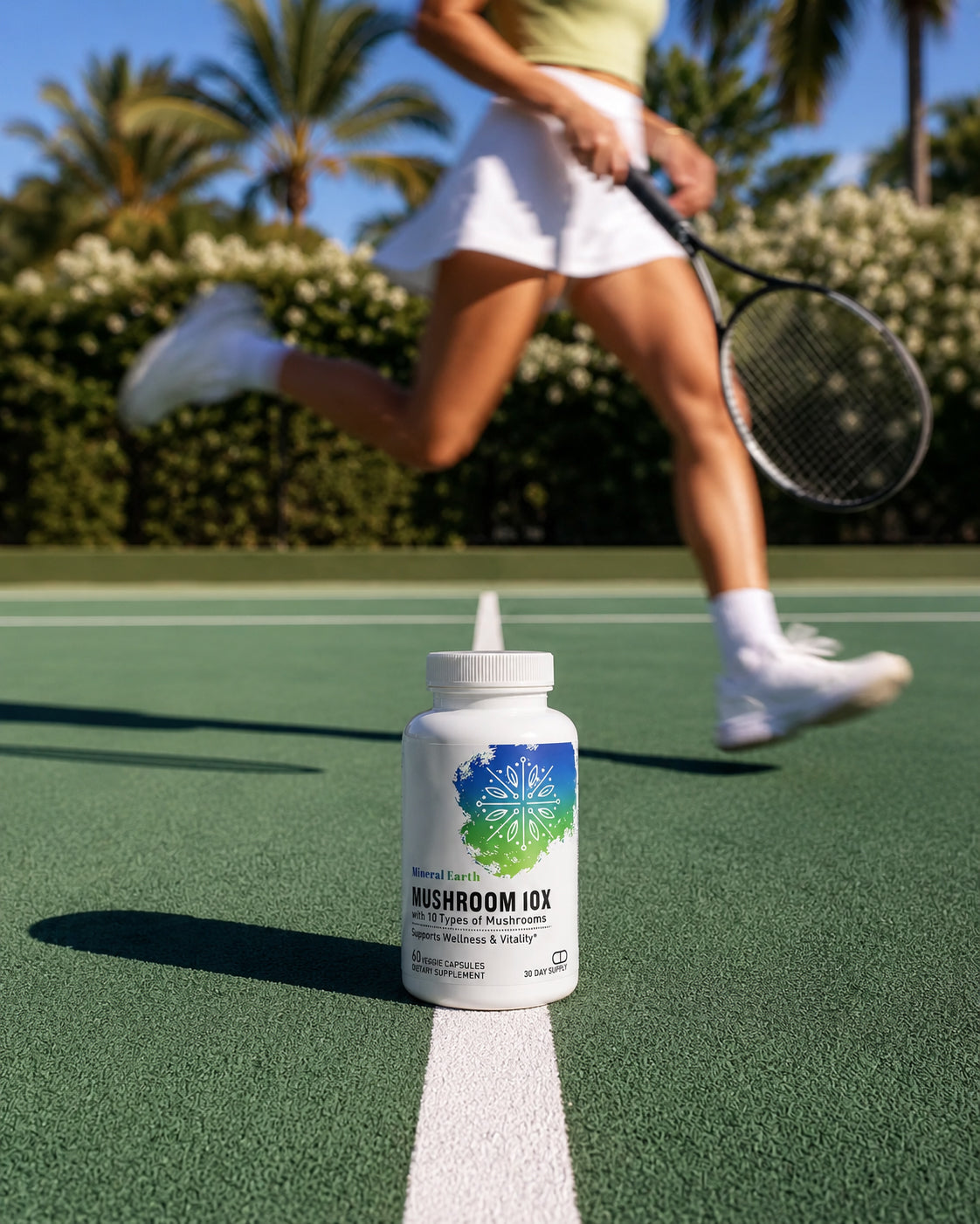 Mineral Earth Mushroom 10X supplement bottle on tennis court with active woman in background